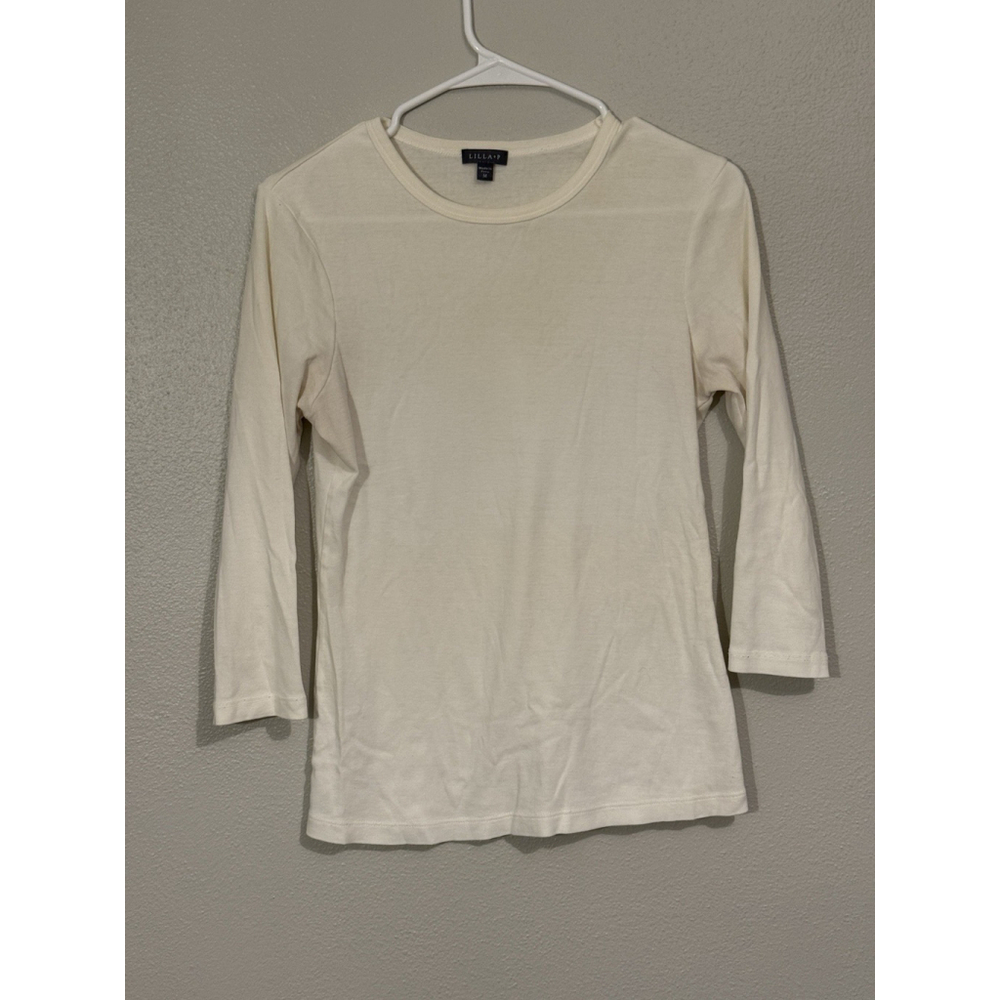 Lilla P Cotton White Long Sleeve 3/4 Crewneck Basic Tee Sz M Minimalist Classic
